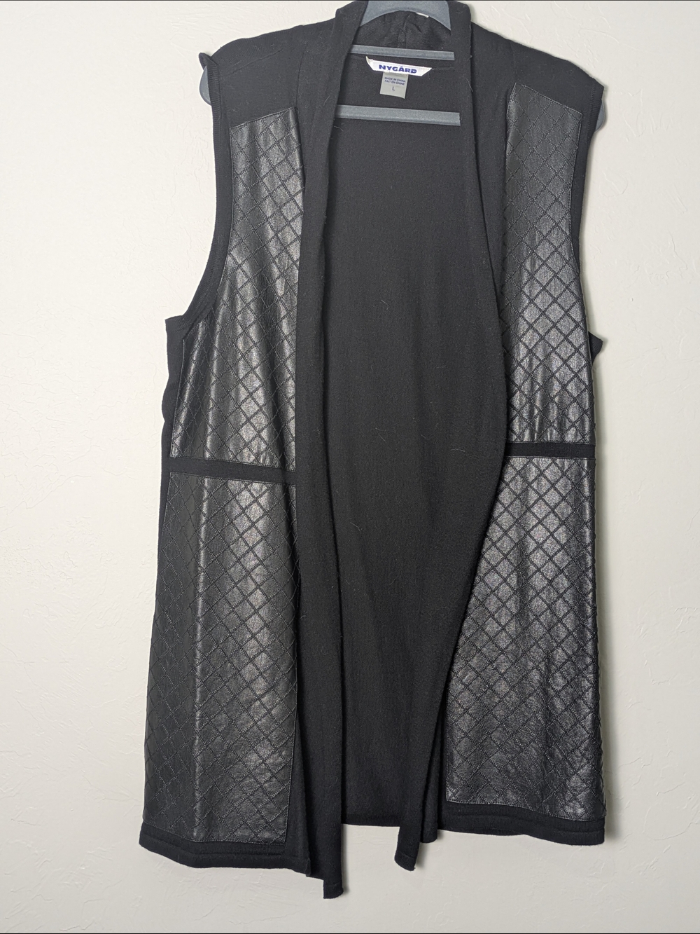 Peter Nygard Black Quilted-Panel Faux Leather Sleeveless Duster Vest L Moto Mob